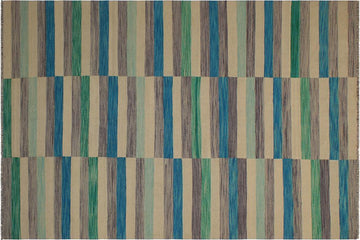 Flat Weave Kilim, Antique, Navaho, Vintage, Handmade, Modern Kilim Blue Beige Hand-Woven Rectangle 100% Wool Area Rug 6 x 10
